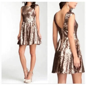Bebe Sequin Mini Dress XS Copper Brown Fit & Flare Party Cocktail Sparkle Bling